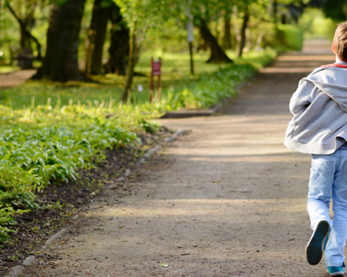 Little boy running in the park. Back view