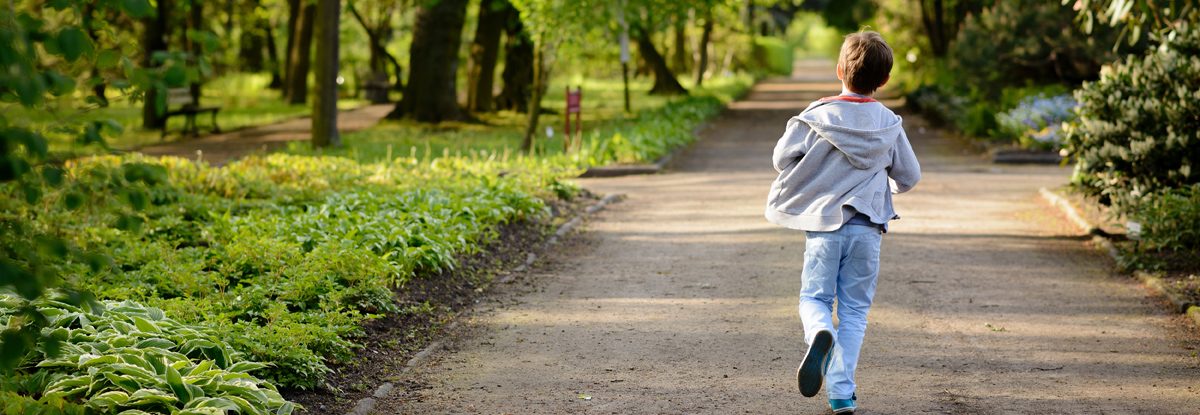 Little boy running in the park. Back view