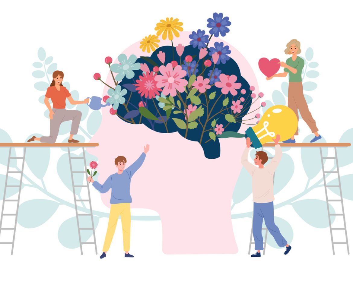 Teamwork of people recovery a brain with beautiful flowers and good heart and positive thinking. Concept for wellness of mental health and mindfulness in depression and mental illness.