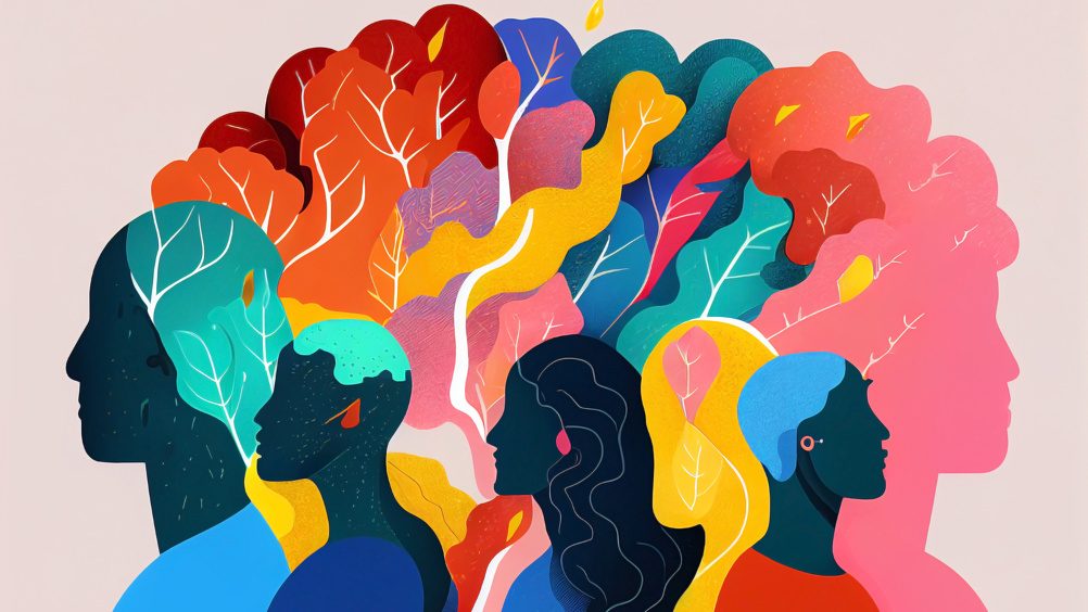 coloful group of unrecognizable people. Concept of mental, emotional and behavioral divergence. Creative people out of the norm. Imaginative human silhoutte creating their own dreams. 5 persons.