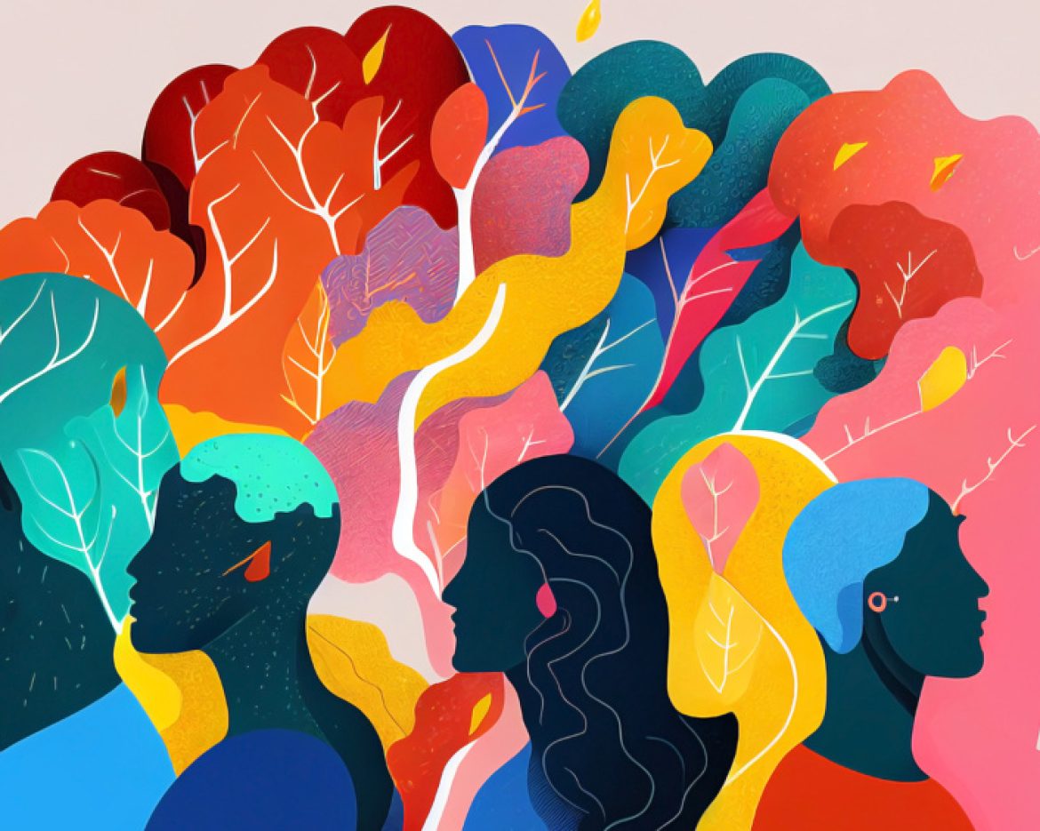 coloful group of unrecognizable people. Concept of mental, emotional and behavioral divergence. Creative people out of the norm. Imaginative human silhoutte creating their own dreams. 5 persons.